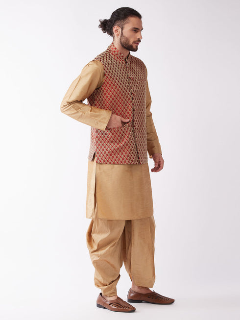 Vastramay Men's Rose Gold Solid Silk Blend Kurta and Dhoti With Maroon Nehru Jacket